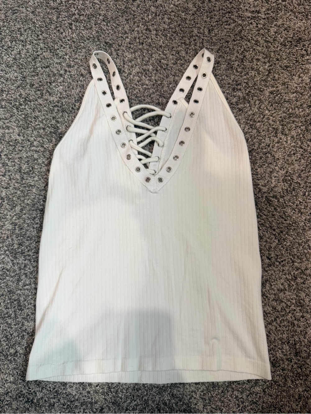 Ribbed Lace-Up V-Neck Tank Top - White